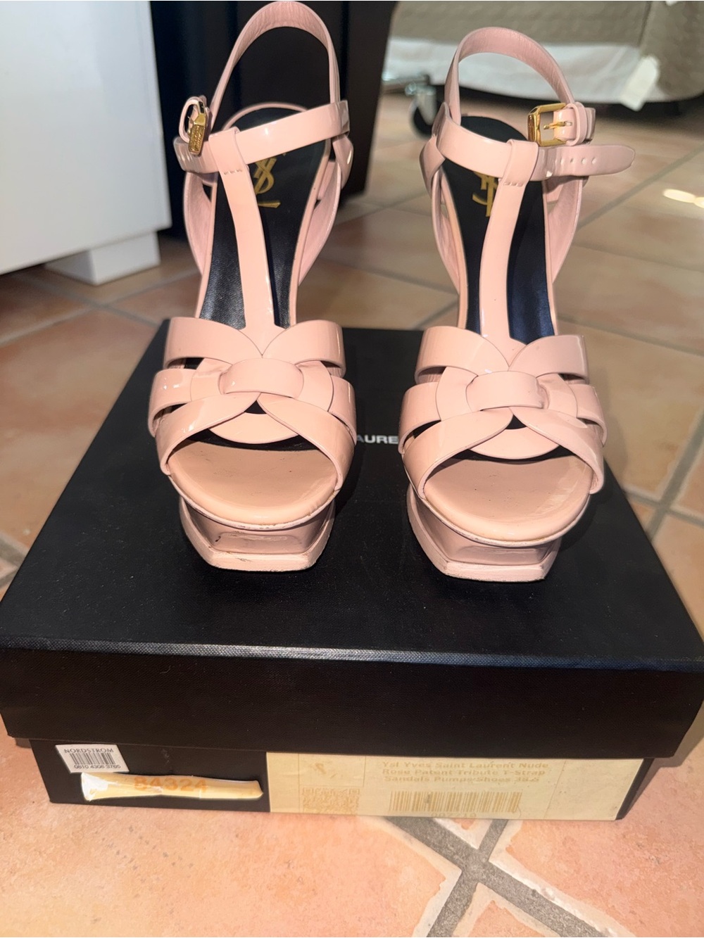 Saint Laurent Blush Leather Woven Platform Sandals